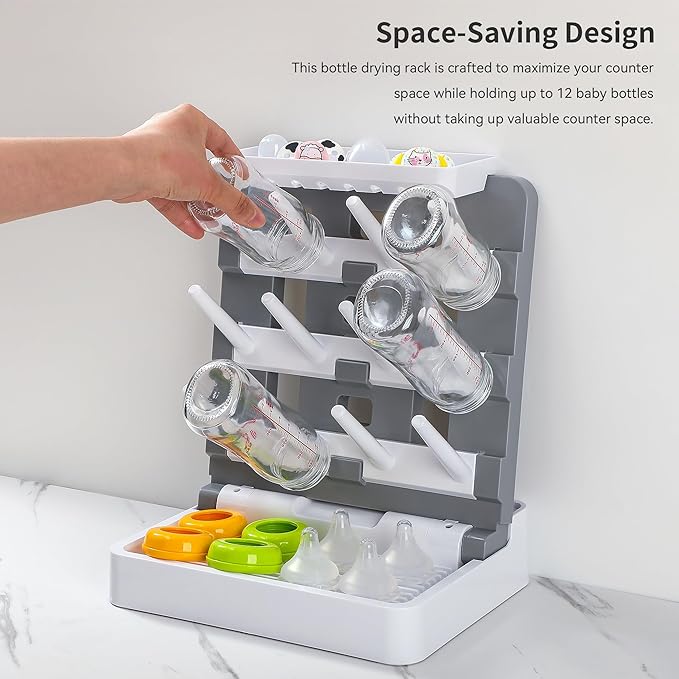 Venuekkuri Baby Bottle Drying Rack, Vertical Standing Bottle Dryer Rack Holder-Space Saving Baby Bottle Drying Rack for Countertop-Holds Up to 12 Baby Bottles & Cup