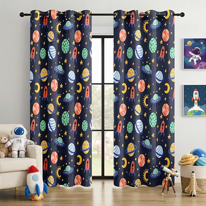 Kids Space Rockets Blackout Curtains - 100% Blackout, Thermal Insulated, Noise Reducing, Perfect for Kids Room and Nursery, 2 Panels (Color Pop Rockets, W52×L84)