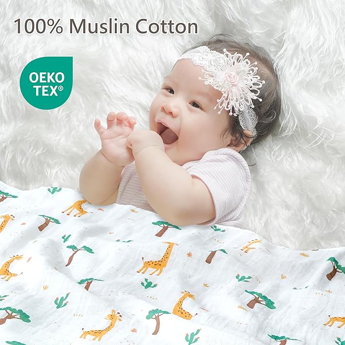 4-Pack 100% Cotton Muslin Swaddle Blankets, Large 47 x 47 Inches — Breathable Soft Receiving Blankets for Newborns, Swaddling Wraps, Baby Essentials, Registry Gift (Wild Jungle Friends)
