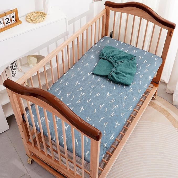 Muslin Crib Sheets–100% Organic Cotton Baby Sheets for Boys & Girls,2 Pack Muslin Mini Crib Sheets for Toddler Mattress,Breathable Crib Mattress Sheets 28''x52''(Grass)