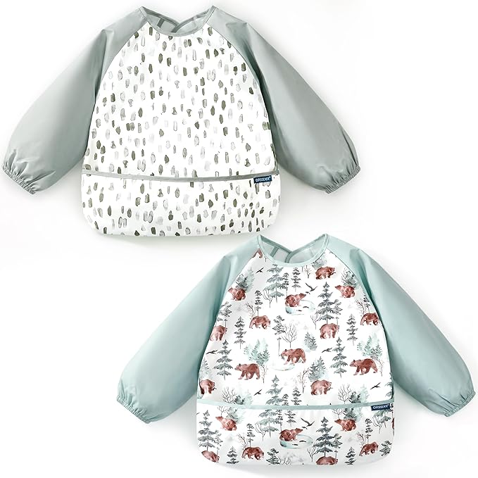GRSSDER 2 Pack Long Sleeve Baby Feeding Bibs, Super Soft Lightweight Waterproof Coverall Baby Led Weaning Bib with Large Food Catcher Pocket, Adjustable and Easy Clean for 6-30 Months