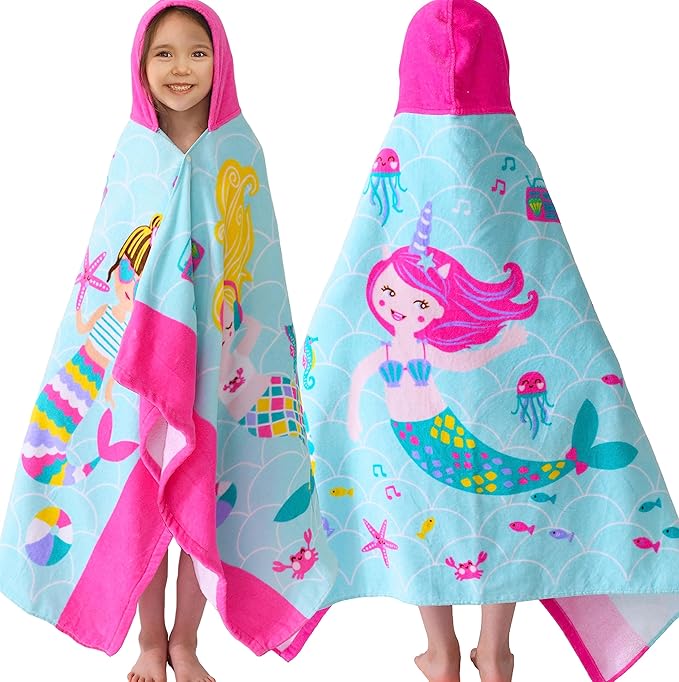 VOOVA & MOVAS Kids Hooded Beach Towel Age 3-8, 30''X50,Soft | Thick | Large | 100% Cotton,Absorbent Beach, Bath, Pool Towels Wrap for Girls, Sea Mermaid