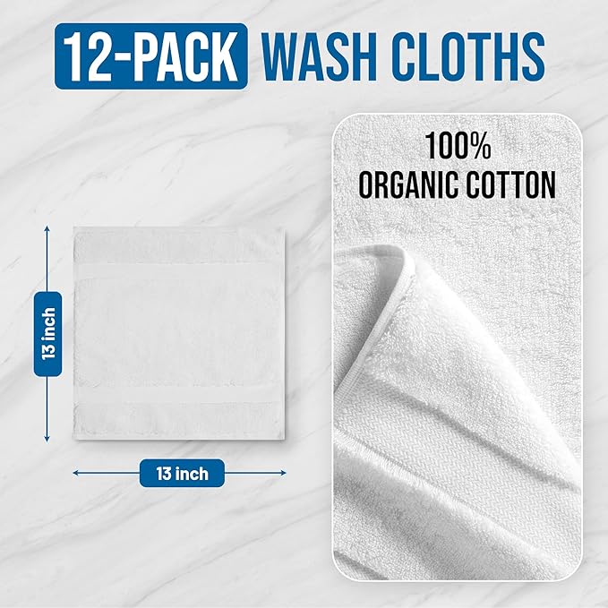 Organic Cotton Wash Cloths Plush Feather Touch Quick Dry Wash Cloths Pack of 12 GOTS & Oeko- TEX Certified | Premium Soft, Absorbent, Small Hand Face Towels Wash Rags– White