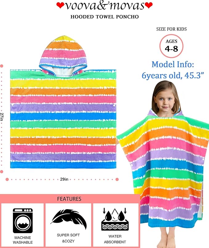 VOOVA & MOVAS Kids Poncho Towels with Hood (4-8Years), Absorbent Lightweight Hooded Beach Towel for Pool | Swim | Bath, Color Stripe