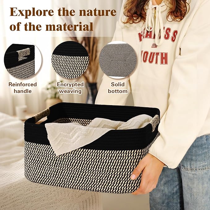 4 Pack Large Storage Basket for Organizing, 17.5"x13.5"x7.5" Woven Basket for Shelves, Closet Cube Storage Bins with Wrapped Handle, Cotton Rope Baskets for Kitchen, Clothes, Toys(Black & Brown)