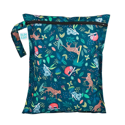 Bumkins Waterproof Wet Bag for Baby, Travel, Swim Suit, Cloth Diapers, Pump Parts, Pool, Beach, Gym Clothes, Toiletry, Hook to Stroller, Daycare, Zipper Reusable Wetdry Packing Pouch, Jungle