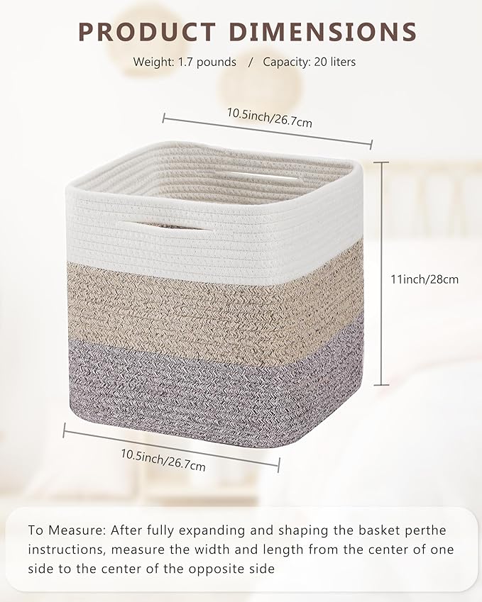 Cube Storage Bin 11" x 10.5" x 10.5" Cotton Rope Basket Square Woven Storage Basket for Shelves, Closet Organizer, Soft Towel Sock Basket, Gradient/White Brown, 1 Pack