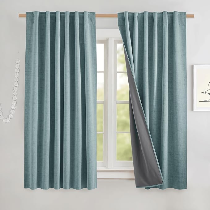 NICETOWN Skylark Blue Linen 100% Blackout Curtains W52 x L48 in, Thermal Insulated & Noise Reducing Small Window Treatments with Grey Liner, Rod Pocket & Back Tab Cafe Curtains for Bathroom, Kitchen