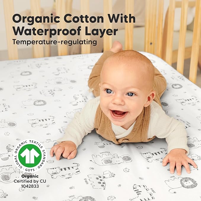 2-Pack Waterproof Crib Sheets for Boys, Girls - 52x28 Fitted Organic Cotton Baby Crib Sheets, Toddler Mattress Protector Cover, Washable, Soft & Durable Baby Bedding Essentials (KeaSafari)