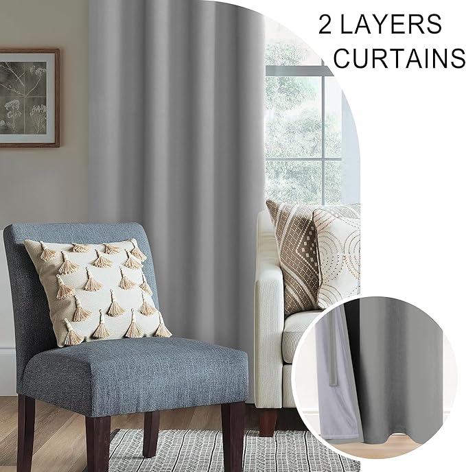 XWZO 100% Blackout Window Curtains - Thermal Insulated & Completely Room Darkening Black Liner Window Treatment with Tiebacks for Bedroom/Living Room, Light Grey, W42 x L54, Set of 2 Panels