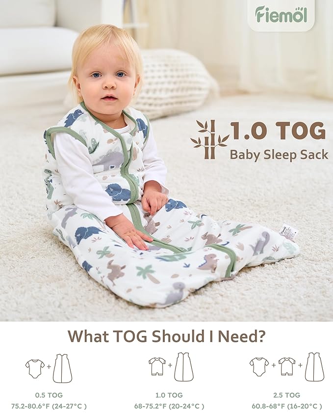 FIEMOL Rayon Made from Bamboo Baby Sleep Sack 6-12 Months, 1.0 Tog Baby Wearable Blanket, Soft Sleeping Bag for Newborn Infant Babies with 2-Way Zipper 2 Pack (Medium) Green Dinosaur