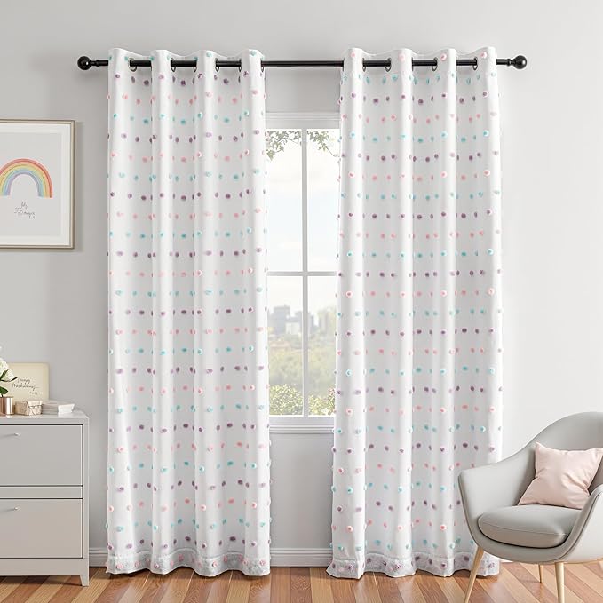 MEETSKY 100% Blackout Curtains for Nursery Bedroom 84 Inches Long 2 Panel, Total Light Blocking Grommet Thermal Insulated Window Curtains with Rainbow Pom Pom Sheer for Girls Room, 52" W x 84" L