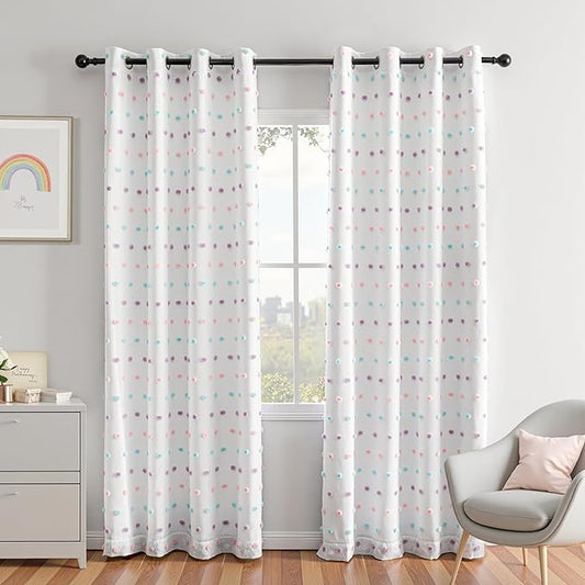 MEETSKY 100% Blackout Curtains for Nursery Bedroom 84 Inches Long 2 Panel, Total Light Blocking Grommet Thermal Insulated Window Curtains with Rainbow Pom Pom Sheer for Girls Room, 52" W x 84" L