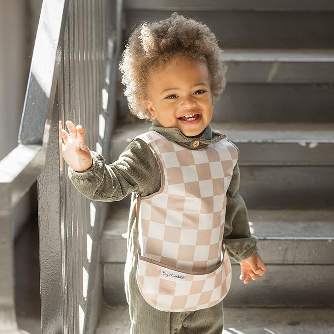 Tiny Twinkle Mess Proof Baby Bib for Boys | Waterproof Toddler Bib for Eating | Baby Apron for Feeding, Machine Washable | Perfect Shower Gift (Brown Checkers, 6–24M)