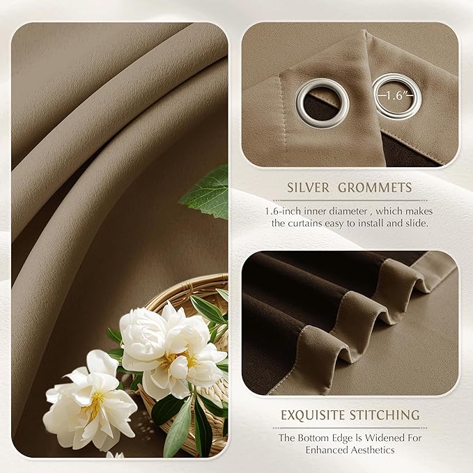 Beauoop 100% Blackout Curtains 54 Inch Long 2 Panels for Bedroom Living Room Brown Solid Room Darkening Thermal Insulated Soundproof Energy Saving Grommet Top Window Treatment Drapes,52x54, 2 Set