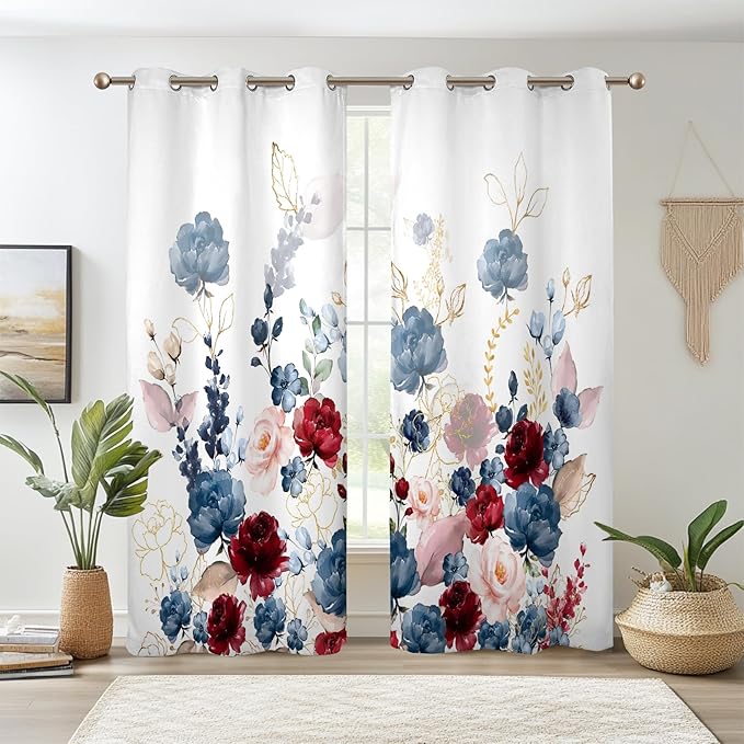 Renaiss Floral Blackout Curtains Watercolor Gray Blue and Red Peony Flower Bloossom Thermal Insulated Window Drapes for Bedroom 29W x 45L inches 2 Panel Set Window Curtains for Kitchen