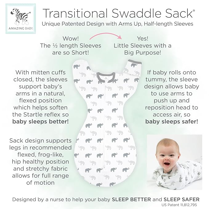 Amazing Baby Transitional Swaddle Sack, Arms Up Half-Length Sleeves & Mitten Cuffs, Swaddle for Newborn Transition to Baby Sleep Sack Wearable Blanket, Large, 6-9 Month, 21-24 lb, On Safari