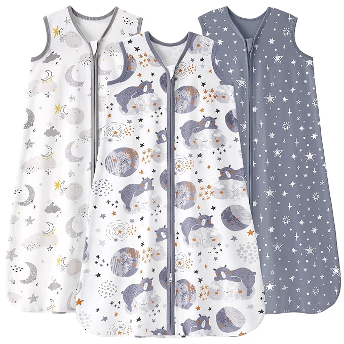 FIEMOL Baby Sleep Sack 12-18 months, 100% Cotton Sleeping Sack for Newborn and Infant, 3 Pack Baby Wearable Blanket for Boy and Girl, 0.5 Tog Lightweight Double Zipper Sleep Bag Grey Moon Bear