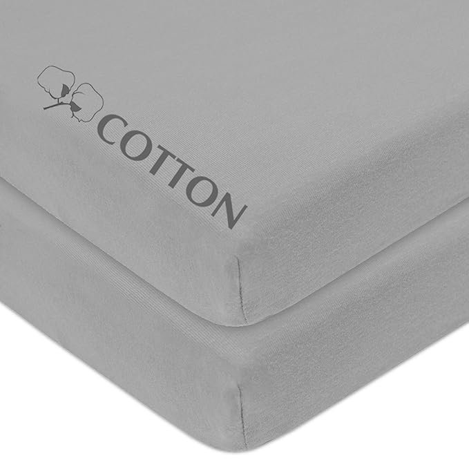 American Baby Company 2 Pack 100% Natural Cotton Fitted Mini Crib Sheets 38" x 24" - Soft & Breathable Small Nesting Portable Sheets, Fits Pack N Play Mattresses, Gray, for Boys & Girls