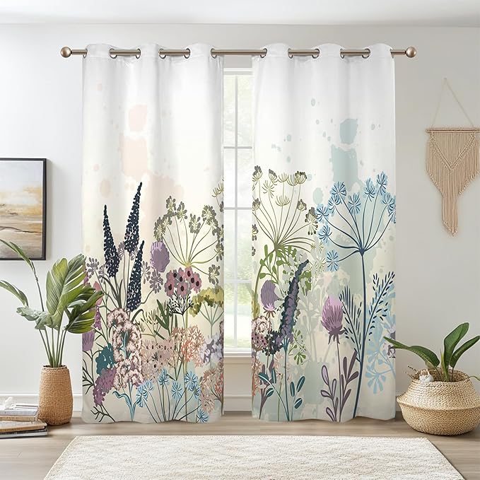 Renaiss Wildflowers Blackout Curtains Vintage Botanical Floral Plant Thermal Insulated Window Drapes for Bedroom 53W x 108L inches 2 Panel Set Window Curtain Panels for Kitchen