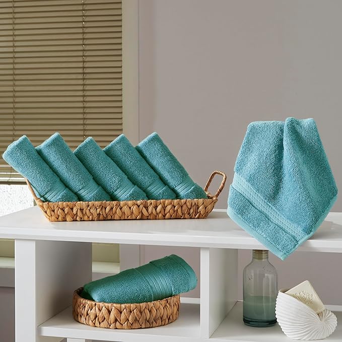 Ozdilek 6-Piece Washcloth Set 13x13 100% Turkish Cotton, 600 GSM, Soft, Gentle on Sensitive Skin, Multi-Purpose Use, Washable, Reusable, Ideal for Baby Care & Spa 6 Towels (Milky Blue)