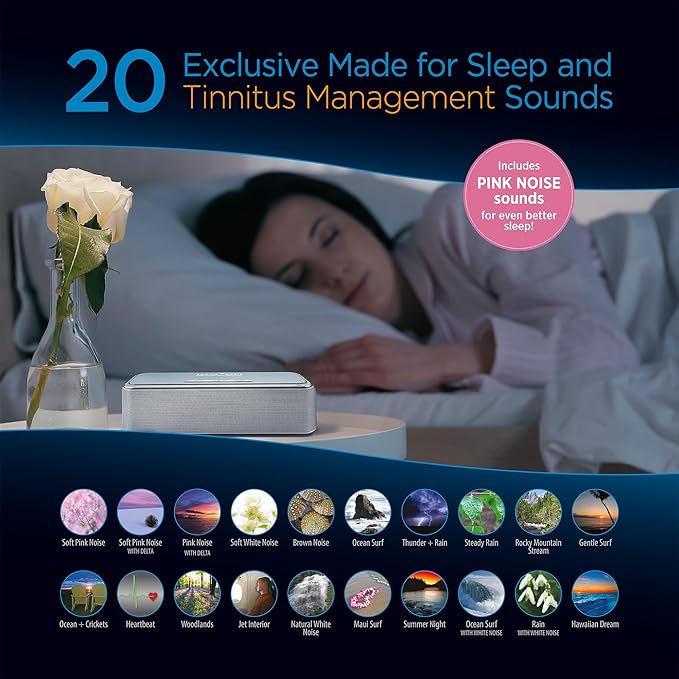 Sound Oasis Stereo Bluetooth Sound Machine for Sleep and Tinnitus Masking, 20 Non-Looping Soothing Sounds Plus Pink Noise, Hi-Fidelity Speakers, Portable Sound Therapy for Home, Baby, Office or Travel