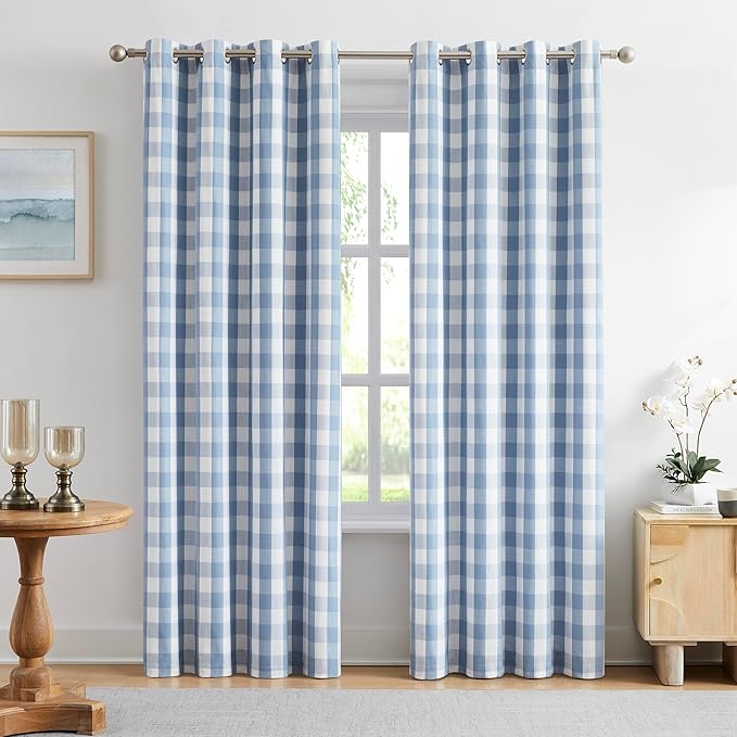 Amzdecor Blue White Buffalo Plaid Full Blackout Curtains 84 Inch Long for Bedroom Living Room Farmhouse Check Patterned Drapes Thermal Insulated Soundproof Grommet Window Treatment, 2 Panels, 52"x84"