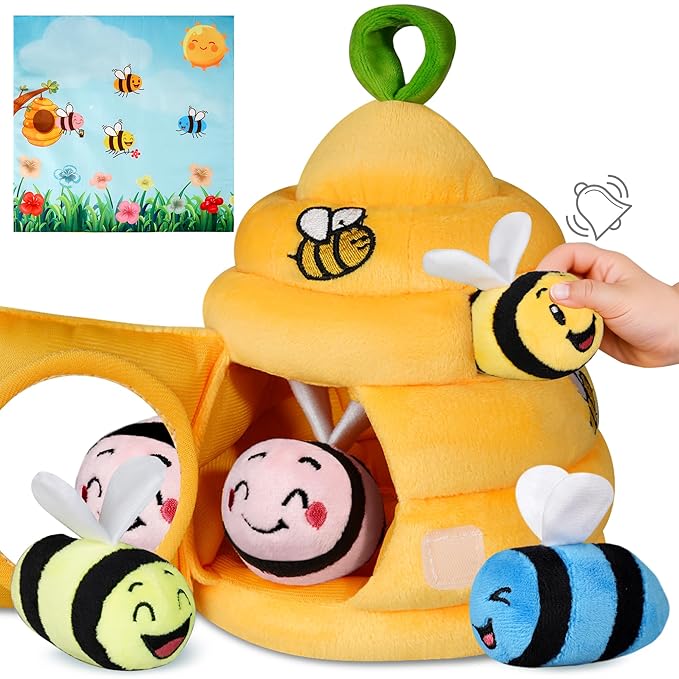 Baby Toys 6-12 Months, Plush Beehive with 4 Sensory Bees, Map Pad, Rattle, Crinkle Paper, Squeaker, Mirror, Montessori Toy for 6 7 8 9 10 11 12 Month Old, Infant Toys Baby Valentines Day Gifts