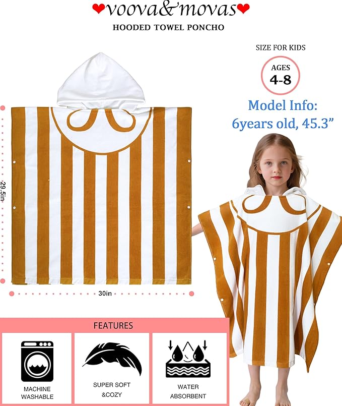 VOOVA & MOVAS Hooded Poncho Towel for Kids (4-8 Years,30"X30") | Soft Absorbent Cotton Towel Robe for Boys & Girls | Versatile Beach, Pool, Swim & Bath Cover-Up | Brown Stripe