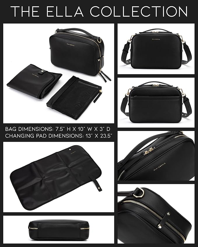 MIA + SOPHIA Crossbody Diaper Bags - Diaper Clutch Includes Leather Portable Changing Pad and Removable Pouch Organizer, Small Diaper Bag Features 6 Compartments - Black
