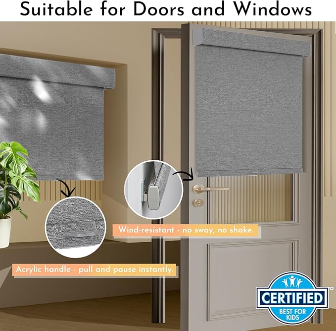 Persilux Blackout Roller Shades for Window Blinds,Cordless,Linen Fabric,Thermal Insulated Fabric UV Protection Shades for Home,Office,Bedroom,Door,Blackout-Grey,27" W X 72" H