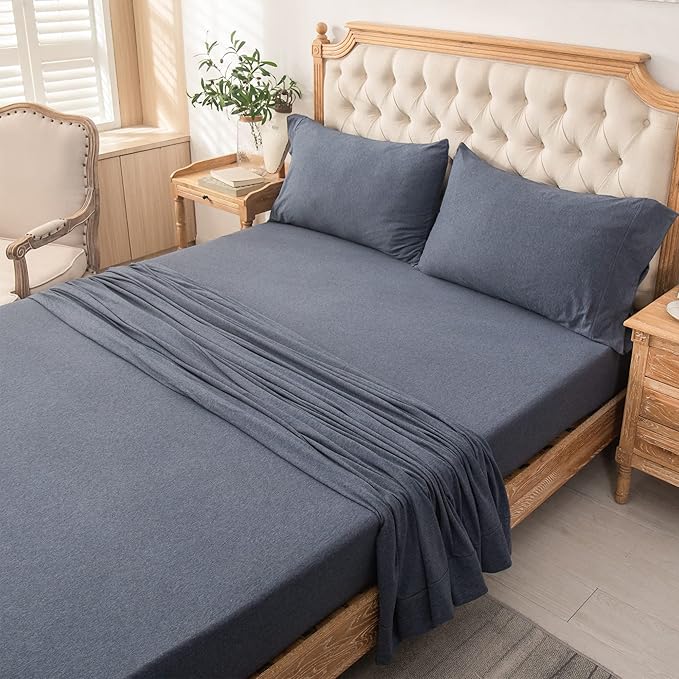 PURE ERA Jersey Knit 4pc Bed Sheet Set 100% T-Shirt Heather Cotton Super Soft Comfy Breathable Fits Mattress Up to 20" Extra Deep Pocket (Heather Navy Blue, Full)
