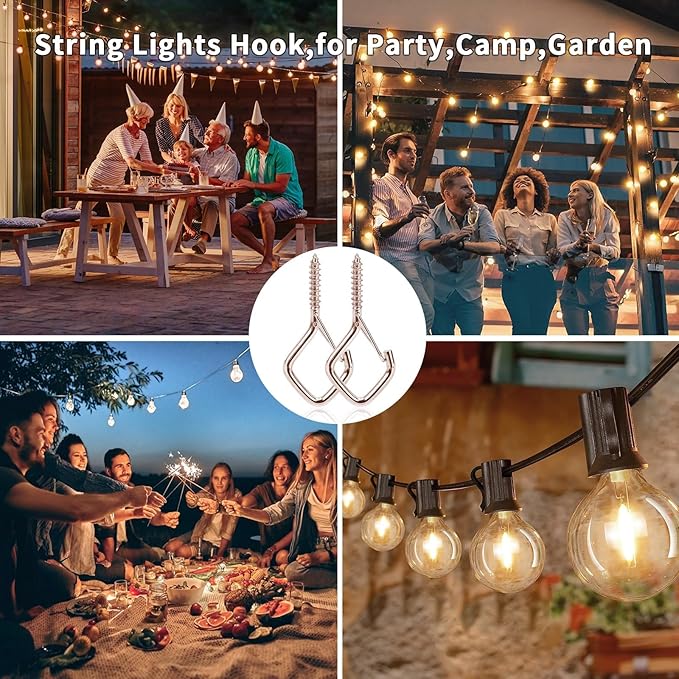 50 Pcs Outdoor Hooks for String Lights,Screw Hooks for Hanging Plants,Ceiling Hooks with Safety Buckle,Square Hanger for Wind Chimes,Bird Feeder,Lanterns,Christmas Decorations (Rose Gold)