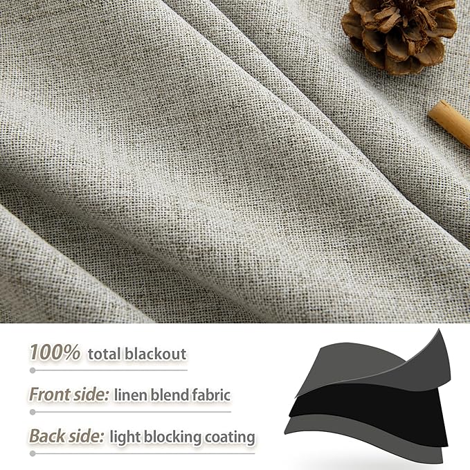 100% Blackout Linen Curtains 96 inch Length - 2 Panels Set Thermal Insulated Black Out Drapes for Living Room Bedroom Back Tab/Rod Pocket Room Darkening Window Curtain 8 FT