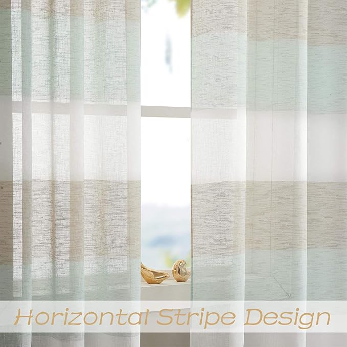 Central Park Tan and Spa Blue Stripe Sheer Color Block Window Curtain Panel Linen Window Treatment for Bedroom Living Room Farmhouse 108 inches Long with Grommets, 2 Panel Rustic Drapes