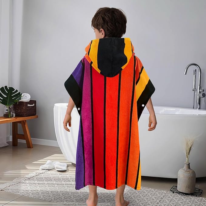 VOOVA & MOVAS Hooded Poncho Towels for Big Kids - (6-12Years), Absorbent Soft 100% Cotton Beach | Bath | Pool Swim Towel with Hood for Boys | Girls - Stripe