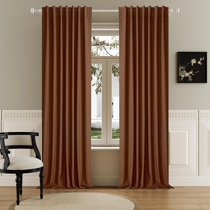 Rust Linen Full Blackout Curtains 108 Inch Length 2 Panels Set for Living Opaque Privacy Back Tab Thermal Insulated 100% Black Out Room Darkening 9ft Window Curtain Drapes Terracotta 50" x 108"