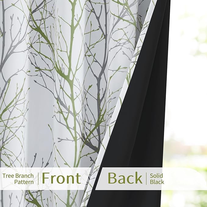 FMFUNCTEX 100% Blackout Patio Sliding Glass Door Curtains 84 Inch Long for Bedroom, Green Grey on White Tree Branch Patterned Drapes for Living Room Divider, Extra Wide Thermal Insulated Panels