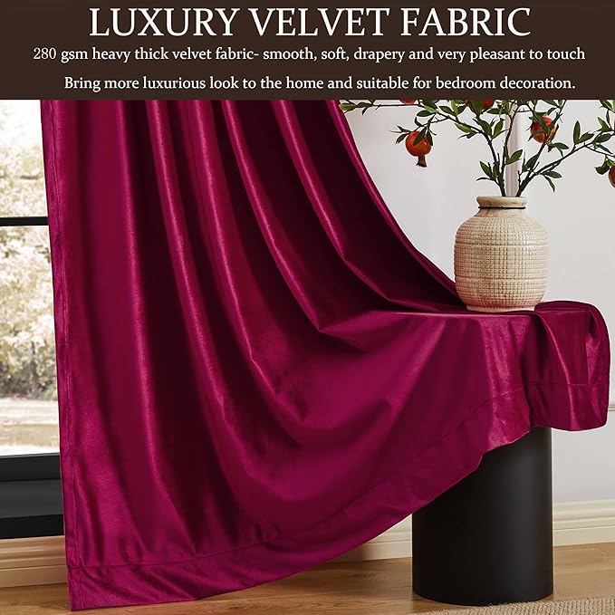 100% Blackout Red Plush Velvet Curtains 63 inch Long for Living Room,Set of 2 Panels Liner Rod Pocket Back Tab Thermal Window Curtains Room Darkening Heavy Decorative Curtains Drapes for Bedroom