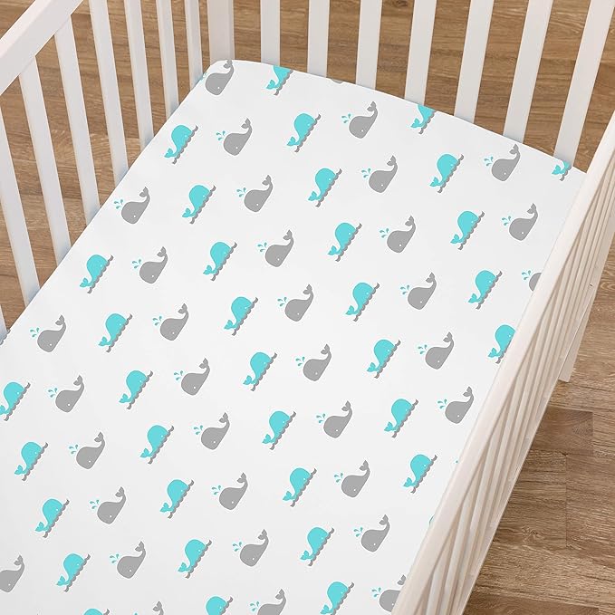 American Baby Company 4 Pack Fitted Crib Sheets 28" x 52", Soft Breathable Neutral 100% Cotton Jersey Sheet, Gray Zigzag/Aqua Whale/Gray/White, for Boys and Girls, Fits Crib and Toddler Bed mattresses