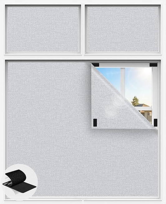 Linen Blackout Curtains for Bedroom, 39" x 58" Portable Black Out Blinds with 20 Sets Hooks & Loops Strips for 100% Blackout Window Film, Temporary Black-out Shades for Windows Cover Travel RV- Gray