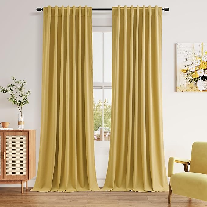 Guken 100% Blackout Curtains 102 Inch Length 2 Panels Set for Living Room Bedroom Back Tab Thermal Insulated Black Out Linen Drapes Room Darkening Window Curtains Gold 52x102