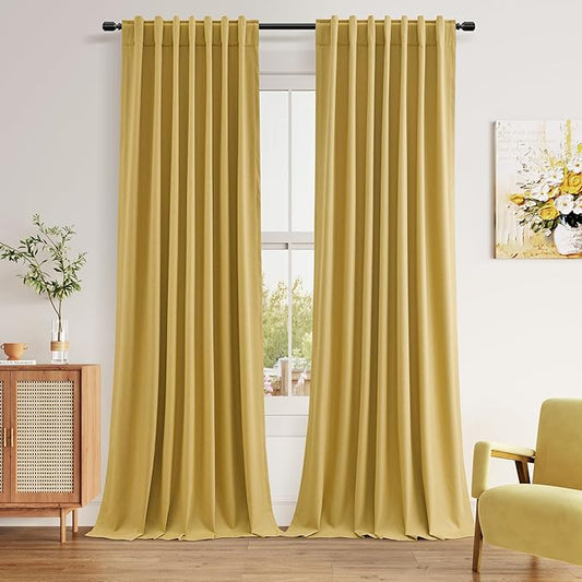 Guken 100% Blackout Curtains 90 Inch Length 2 Panels Set for Living Room Bedroom Back Tab Thermal Insulated Black Out Linen Drapes Room Darkening Window Curtains 90 Inches Long,Gold