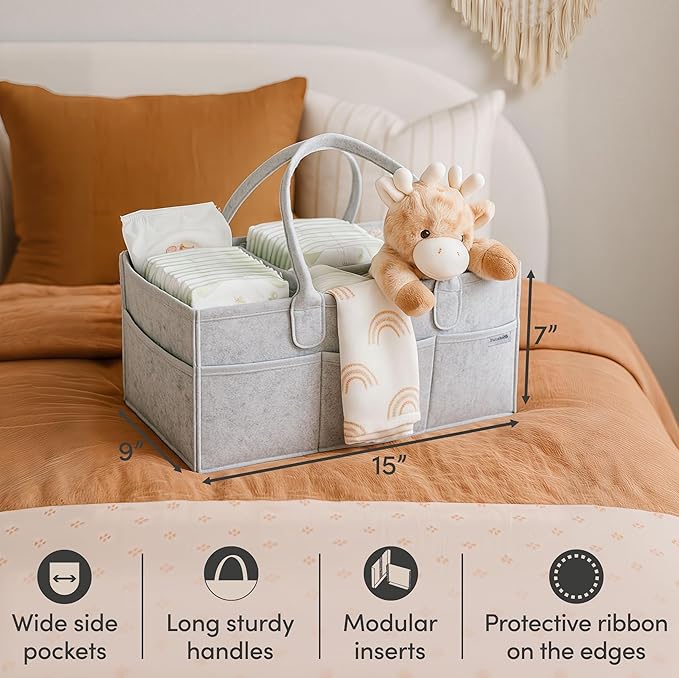 PUTSKA Baby Diaper Caddy Organizer - Nursery Storage Basket for Diaper Station, Baby Basket Shower Gift List and Registry Must-Have, Newborn Essentials, Nursery Decor for Boy or Girl - Grey, Large