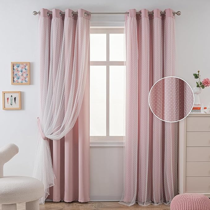 MYSKY HOME Pink Curtains for Girls Bedroom & Nursery Kids Blackout Blush Princess Curtains Double Layer with Polka Dots Sheer, Grommet Tops, 52x95 Inch, 2 Panels