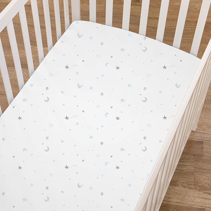 American Baby Company 2 Pack 100% Natural Cotton Fitted Crib Sheets 52" x 28" - Soft, Breathable, Hypoallergenic & Gentle Toddler Bed Sheets, Blue Stars/Zigzag, Neutral for Boys & Girls