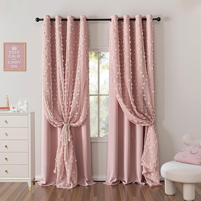 MYSKY HOME Double Layer Curtains for Girls Bedroom Kids Curtain Pink Pom Pom Sheer Window Curtains 2 Panels Pink Curtains Grommet Room Darkening Solid Nursery Curtains 63 Inches Length, W52 X L63