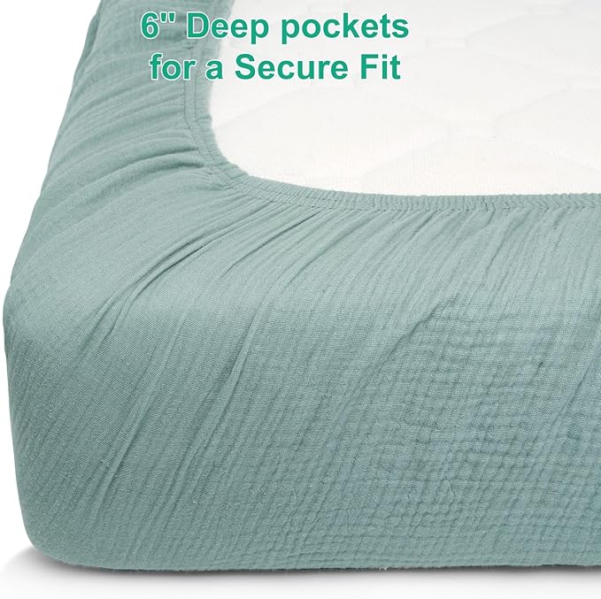 PET REJOIR Muslin Mini Crib Sheets for Girls & Boys-2 Pack 24"x 38" Soft Baby Mattress Sheets Fitted-No Slip Neutral Toddler Cotton Bedding-Boho Nursery Décor Sage Green & Beige