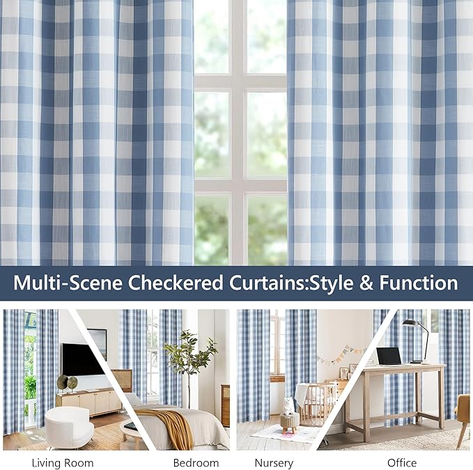 Amzdecor Buffalo Check Plaid Full Blackout Window Curtains 95 Inches Long for Bedroom Noise Reducing Total Room Darkening Grommet Drapes,Vintage Farmhouse Window Treatment,2 Panels,52"x95",Blue White