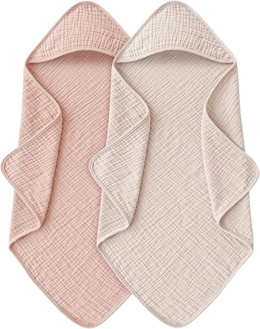 Hooded Baby Bath Towels, 100% Muslin Cotton Baby Girl Towels with Hood for Neutral Newborn Infants, Soft & Absorbent, Large Size - 32 * 32 Inches (Ivory & Pink)